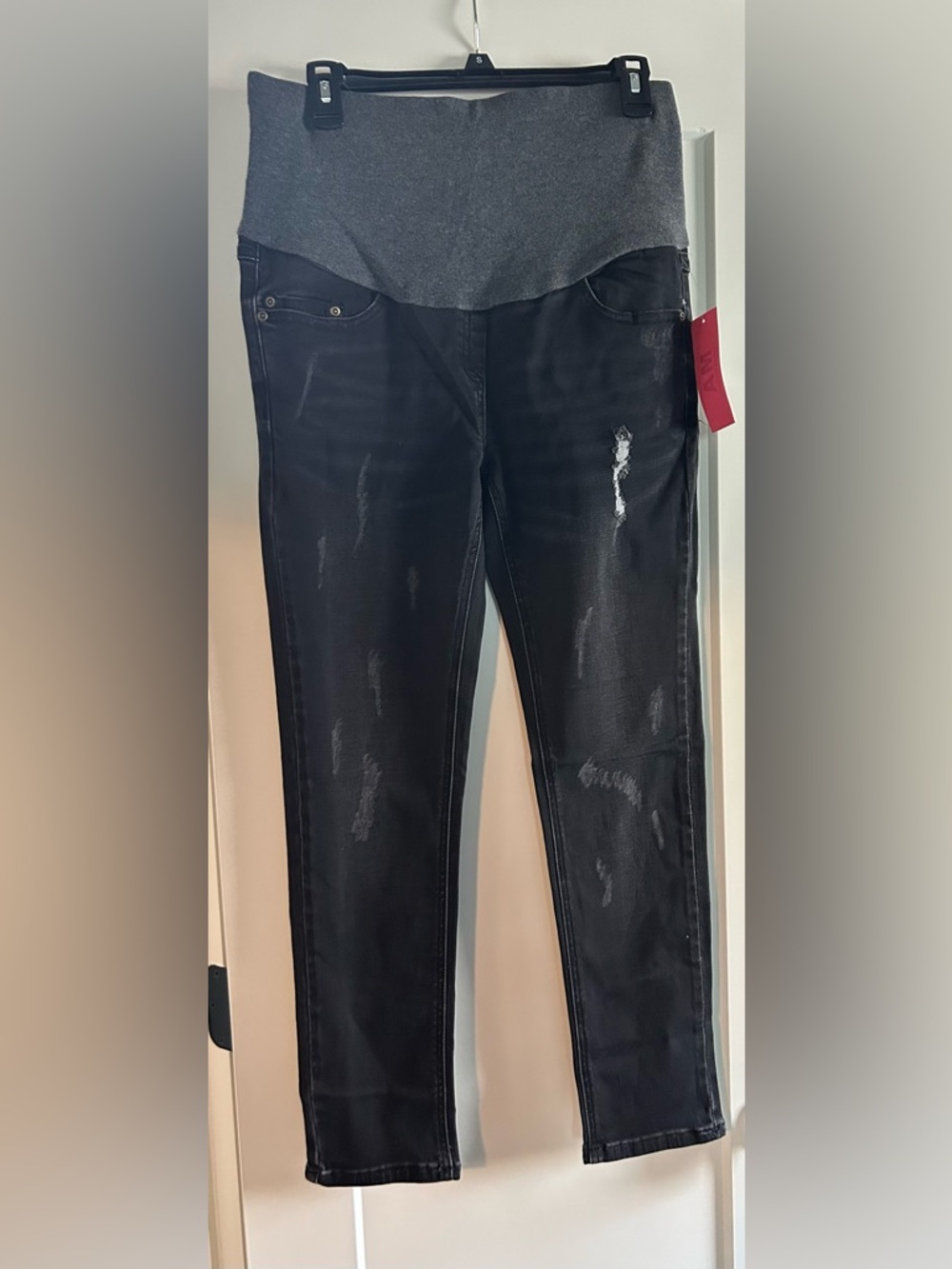 Maternal America Black Maternity Skinny Jeans with Gray Waistband